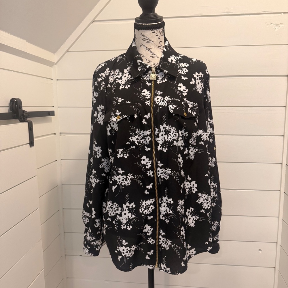 MICHAEL by Michael Kors Black & White Floral Zip-Front Top – Size Large – EUC